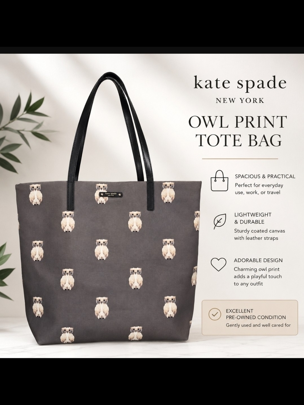 Kate Spade RARE RETIRED New York Owl Tote Bag Gray Canvas Black Leather Handles
